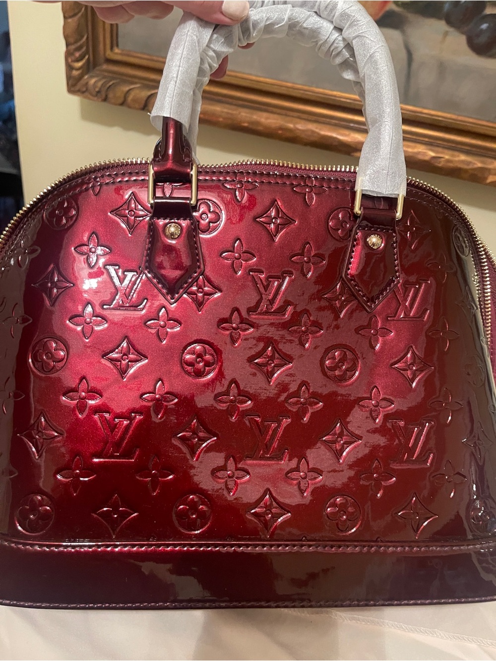 FAUX Louis Vuitton Alma BB Vernis Patent Satchel in Deep Red! - Picture 2 of 14
